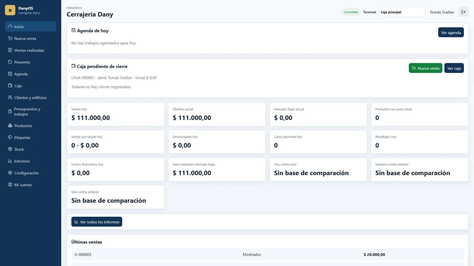 Dashboard de DanyOS, sistema de gestión para cerrajerías