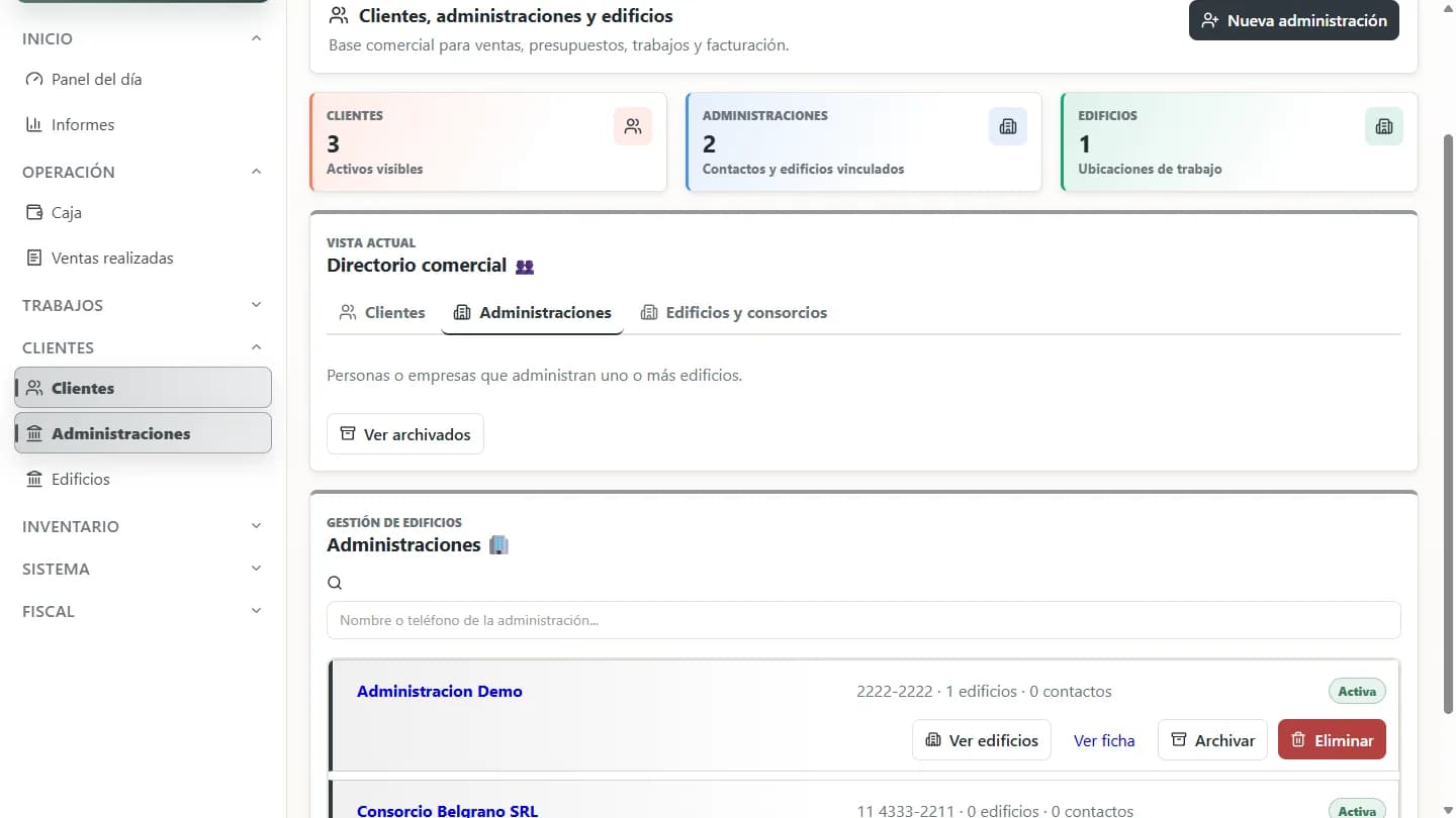 Ficha de clientes, administraciones y edificios en DanyOS