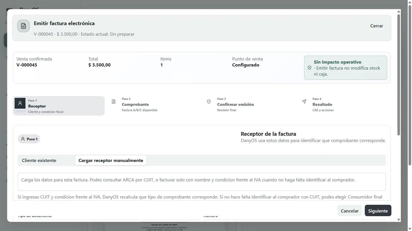 Wizard de facturación electrónica de DanyOS con Factura C y revisión previa
