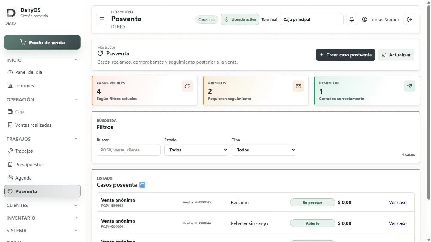Listado de casos de postventa de DanyOS con tipo y estado