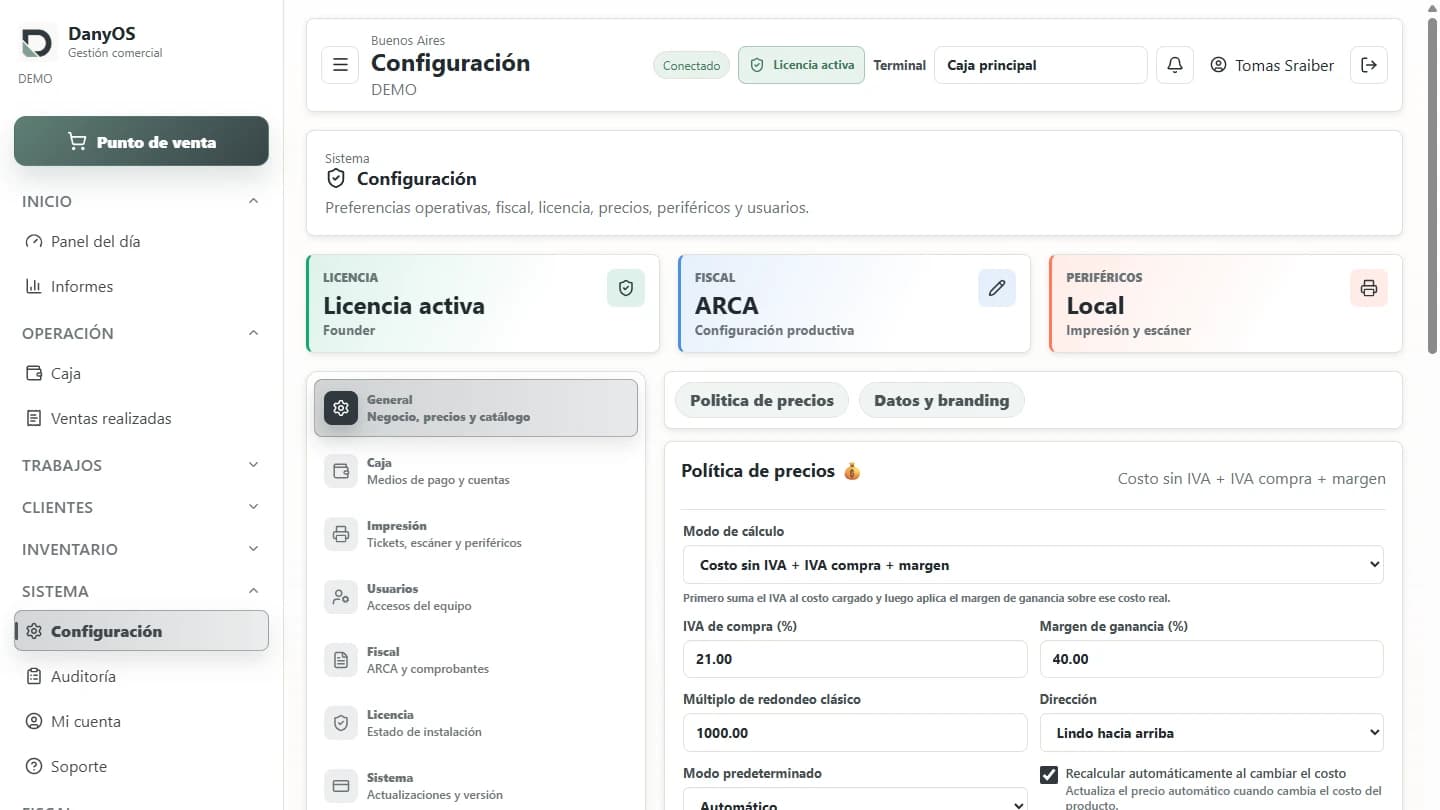 Política de precios y medios de pago configurados en DanyOS