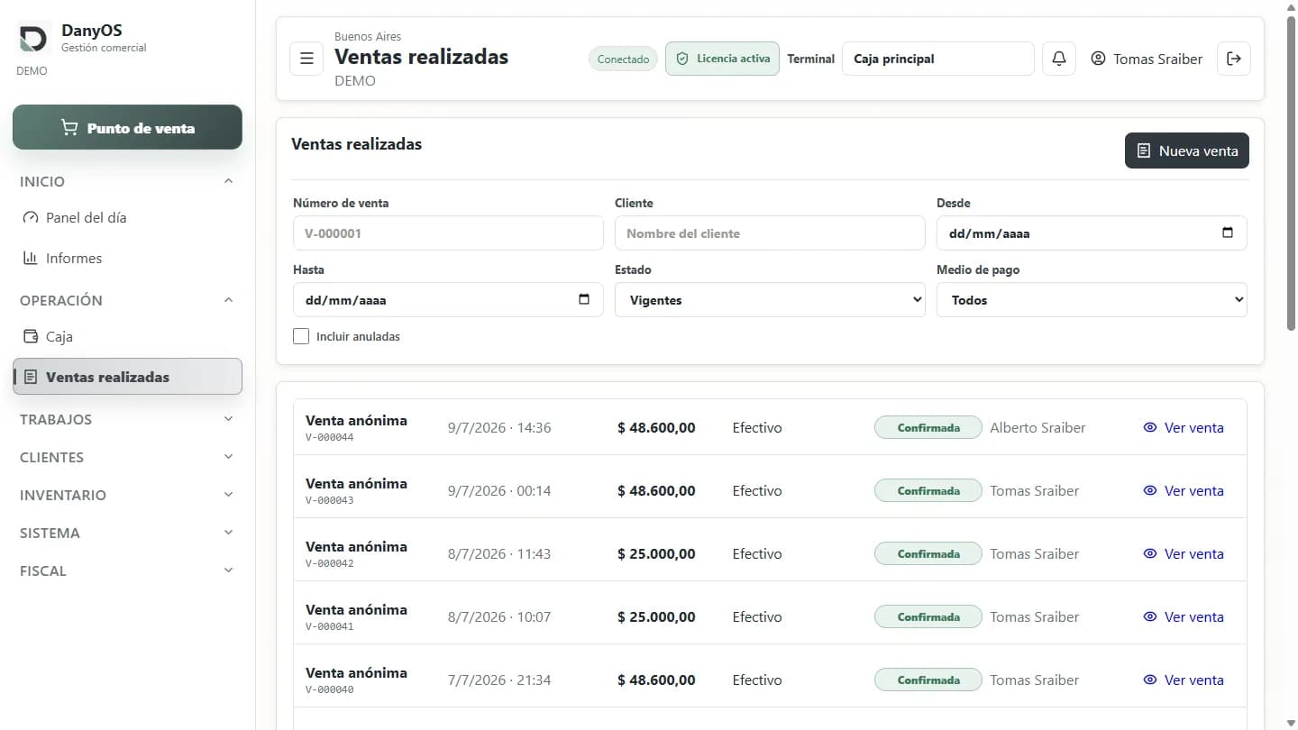 Historial de ventas con filtros en DanyOS