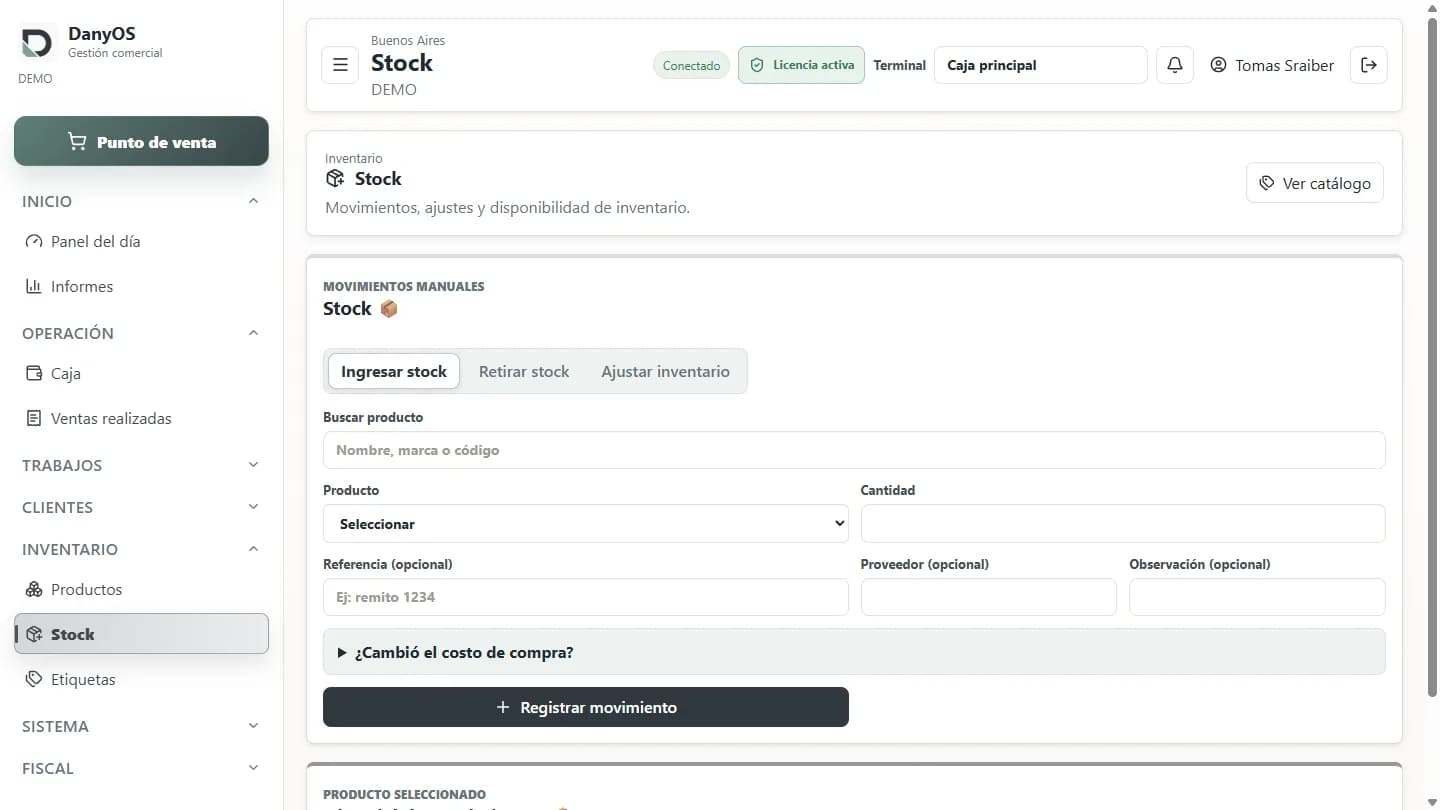 Pantalla de control de stock y movimientos de DanyOS