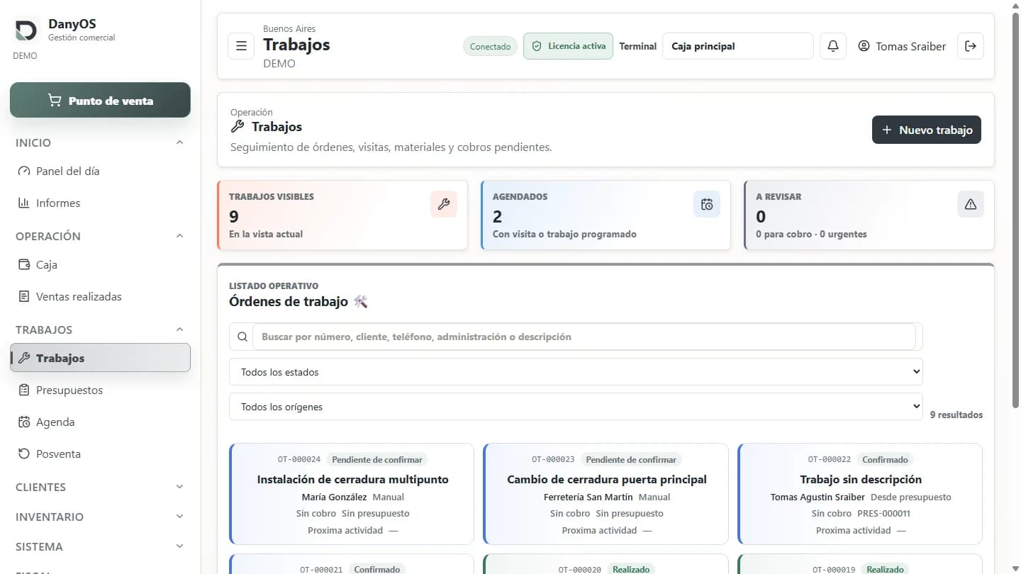 Detalle de una orden de trabajo de DanyOS con cliente, materiales y saldo